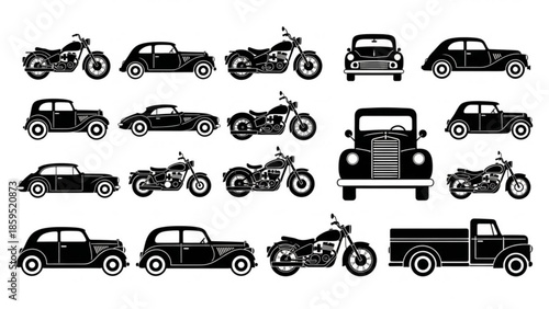 Collection of black silhouettes of vintage cars and motorcycles