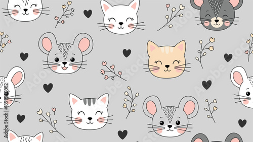 A cute and sweet seamless pattern with the faces of cartoon cats and mice, along with hearts and floral sprigs, on a gray background.