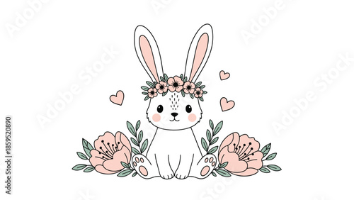 An adorable white bunny wearing a delicate flower crown, sitting among pink flowers and leaves, surrounded by little hearts for a charming design.
