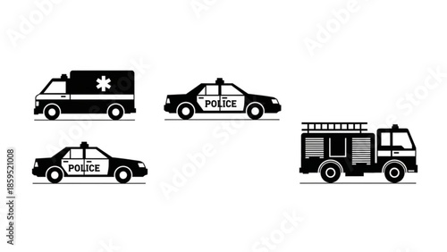 Emergency vehicles icons including ambulance police cars and fire truck