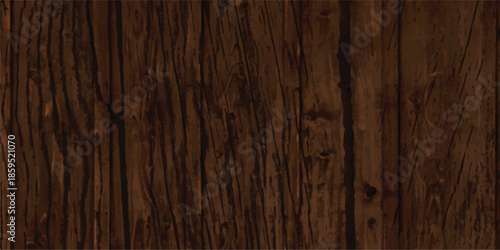 A vintage dark brown hardwood floor pattern features a rough timber plank surface with a natural oak grain texture and old weathered wooden board material