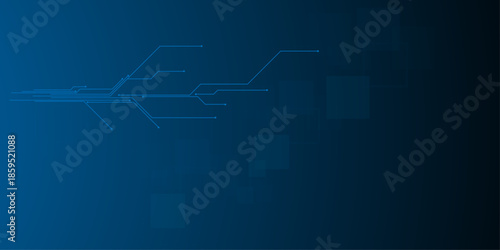 Glowing light blue neon AI chip with thin circuit contact lines. Technology lines circuit and dots on blue background, circuit board network connection.