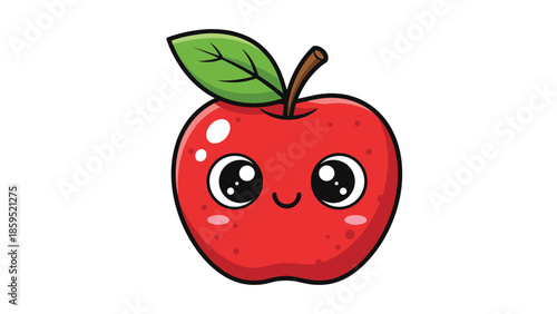 A bright and cheerful kawaii cartoon red apple with a green leaf, featuring a happy smiling face, big sparkling eyes, and cute blushing cheeks.