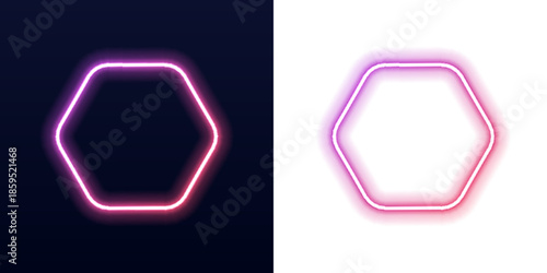 Flaming hexagon neon frame shines with purple and blue lights. Sharp geometric edges reflect bright glowing highlights. Suitable for posters, banners, and digital interface elements.