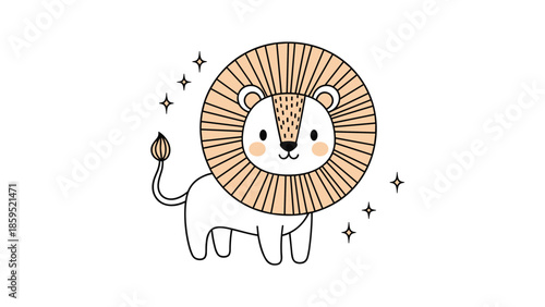 A cute and simple Scandinavian-style illustration of a lion with a large, stylized mane, surrounded by sparkling stars on a clean white background.