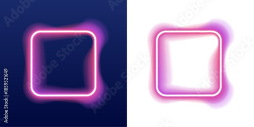 Set of glowing neon square frames shines on a dark background. Each frame features sharp geometric lines with luminous highlights. Ideal template for banners, posters, and digital art.