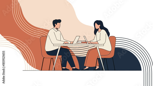 Modern office meeting with two professionals working on laptops at a shared desk in a contemporary