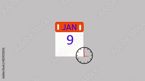 9 january Daily Calendar month date calendar icon clock animation icon animation on transparent background. Calendar with the date on a white background.