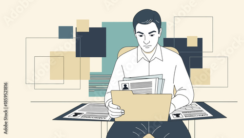 business professional analyzing documents at office desk with digital interface