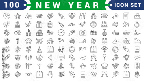 New year icon set. Containing fireworks, celebration, party, dance, resolutions, countdown, January 1st, wishes and more. Vector solid icons collection