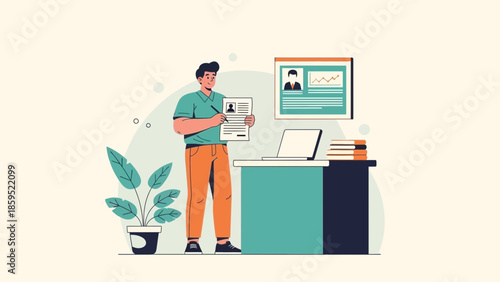 Modern professional analyzing a resume at a desk with a computer and charts in a minimalist office