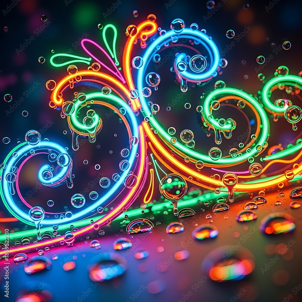 Obraz premium Vibrant neon swirls under glistening water droplets, a digital rendering