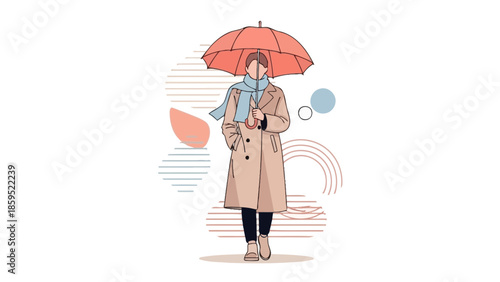 Stylish woman walking with umbrella on rainy day wearing trench coat and scarf