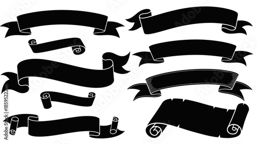 Diverse Set of Black Ribbon Banners and Scrolls, Blank Design Elements, isolated white background.