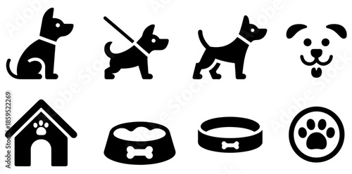 dog icon set with leash and paw