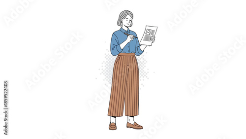 illustration of a woman reading a newspaper or brochure in a professional or casual setting with
