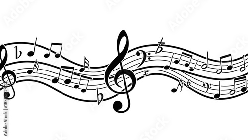 Wavy Musical Staff with Notes and Treble Clef Vector Illustration on Isolated White Background