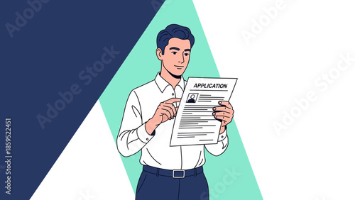 Business professional reviewing application document with a focused expression