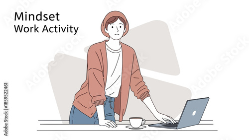 motivational illustration of a woman working on a laptop emphasizing mindset work activity