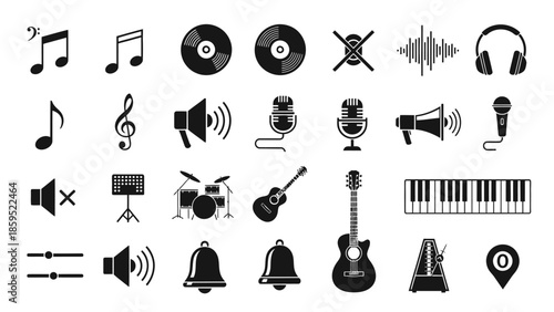Diverse Set of Music and Audio Technology Icons Vector Illustration on Isolated White Background
