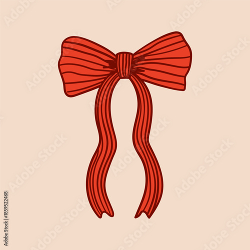 Hand drawn red bow with stripes. Vector hand drawn illustration of ribbon bowknot in coquette aesthetic