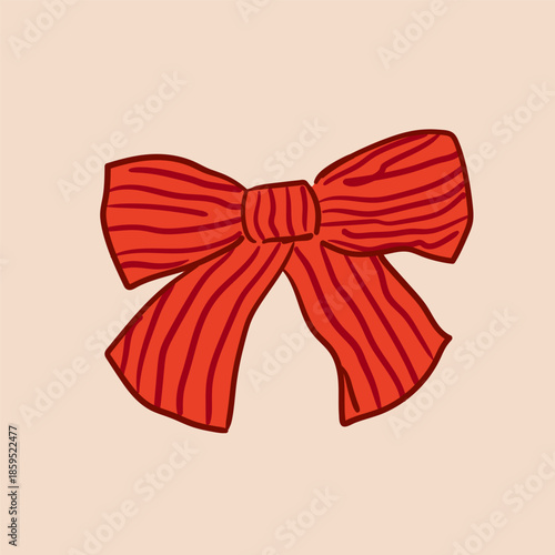 Hand drawn red bow with stripes. Vector hand drawn illustration of ribbon bowknot in coquette aesthetic