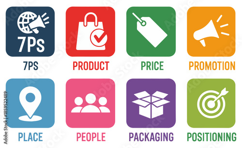 seven ps marketing mix icon set
