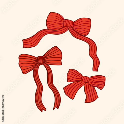 Set of red striped bows. Vector hand drawn illustration. Vintage coquette aesthetic