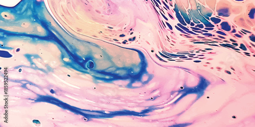 A macro shot of a fresh blue liquid splash with clean water drops and ripples creating an abstract motion on a wet pink surface