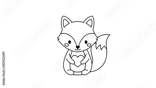 Cute Cartoon Fox Holding a Red Heart, Isolated White Background