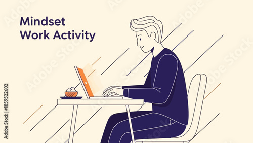 inspirational illustration of a person working at a desk with a laptop showing mindset and work