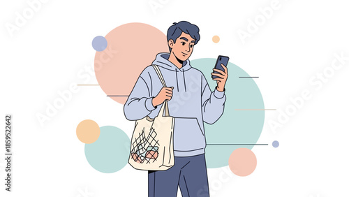 Young adult man using smartphone with casual outfit and tote bag in a modern illustration