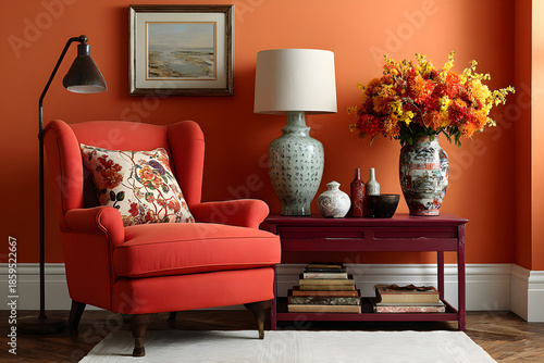 Vibrant orange wall living room with a cozy armchair, dark wood side table, and elegant decor