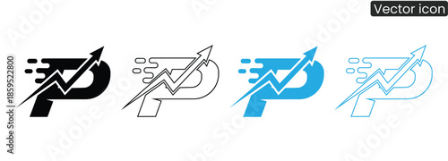 Vector icons depicting a growing graph with an arrow in the letter P, symbolizing business growth and success