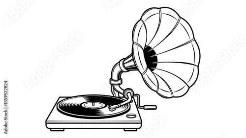 Vintage Gramophone with Record Player Outline isolated white background