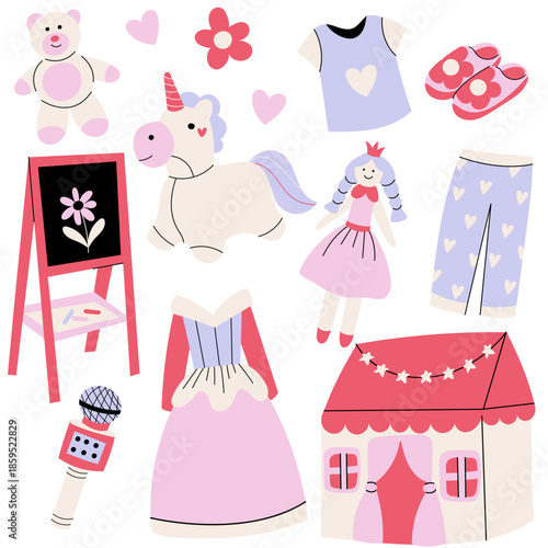 Flat vector kids toys and dress up set with dolls, unicorn, clothes, playhouse and accessories. Cute colorful children illustration perfect for nursery design, kids fashion, playroom and education the
