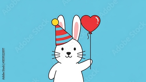 Cute cartoon bunny wearing party hat holding heart balloon