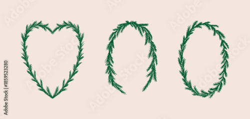 Set of winter frames with fir branches. Oval and heart shaped wir wreaths. Vector hand drawn illustration. Elegant and vintage clipart for greeting cards