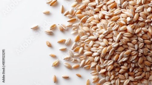 top view of wheat and barley grains heap, dry cereal seeds, organic healthy food concept, white background