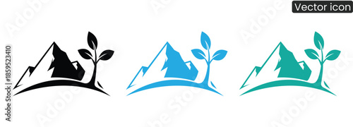 Eco friendly mountain logo with plant growing out of house, symbolizing sustainability and harmony with nature