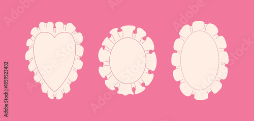 Set of decorative vintage frames with wavy ruffled edges. Vector flat illustration. Heart and oval shaped ornamental borders for invitations, greeting cards, valentine's day and wedding designs.