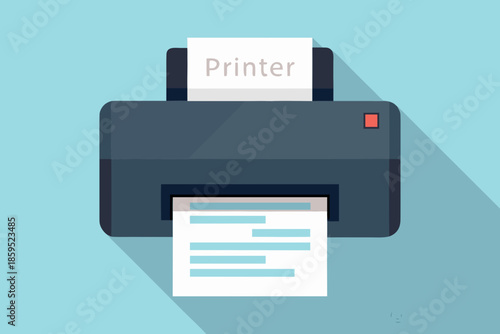 A flat design illustration of a dark grey printer with printed paper