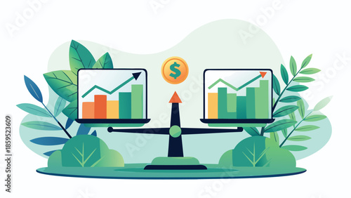 Responsible investment concept with balanced scales and growing graphs on screens surrounded by green leaves symbolizing eco friendly