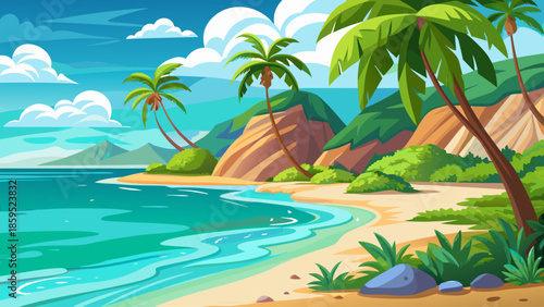 Tropical sea vector with turquoise water and sandy beach, sunny flat illustration