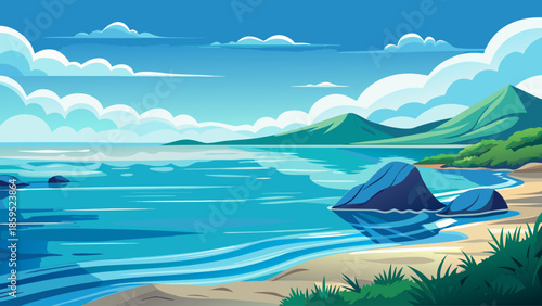 Calm sea landscape vector with gentle waves and clear horizon, minimal flat ocean illustration