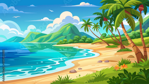 Tropical sea vector with turquoise water and sandy beach, sunny flat illustration