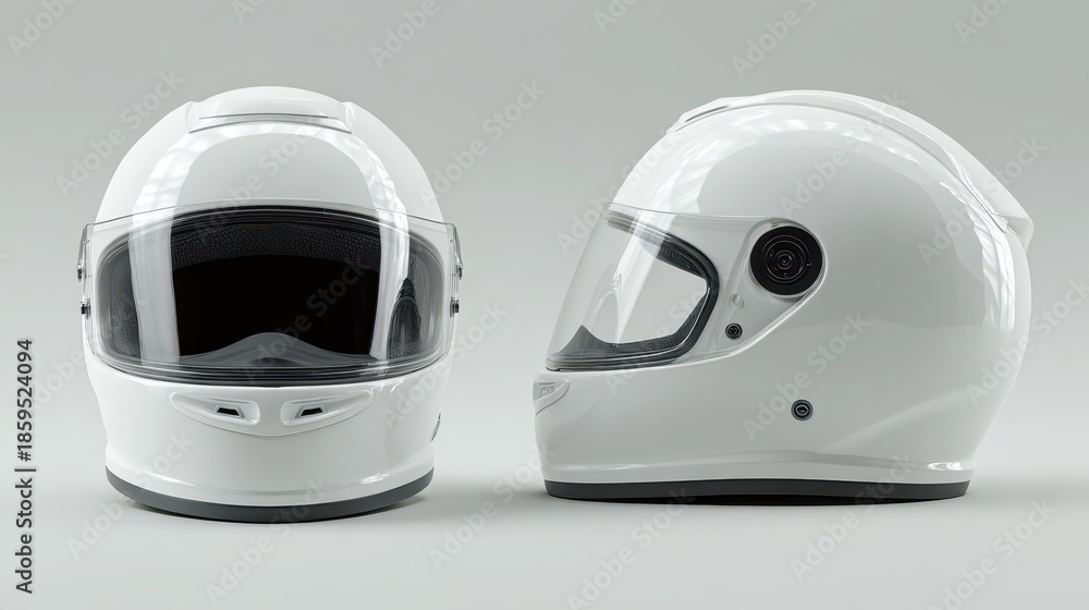 Fototapeta premium Studio photograph of a white motorcycle helmet, frontal and profile angles for branding testing