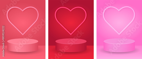 Set of Valentine's Day podiums with a neon heart, pink and red 3D background in a minimalist style for product display and romantic advertising.