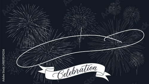 Festive dark night sky filled with dazzling golden and deep blue fireworks illuminating a central white banner elegantly scripted with the word celebration for holiday events or grand openings.