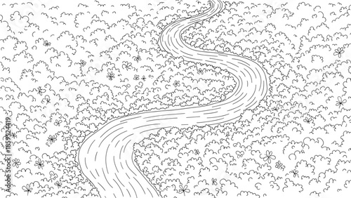 Winding path through dense forest in black and white hand drawn art style